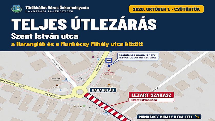Teljes útlezárás és autóbusz-terelés a Szent István utcában a Harangláb és Munkácsy Mihály között